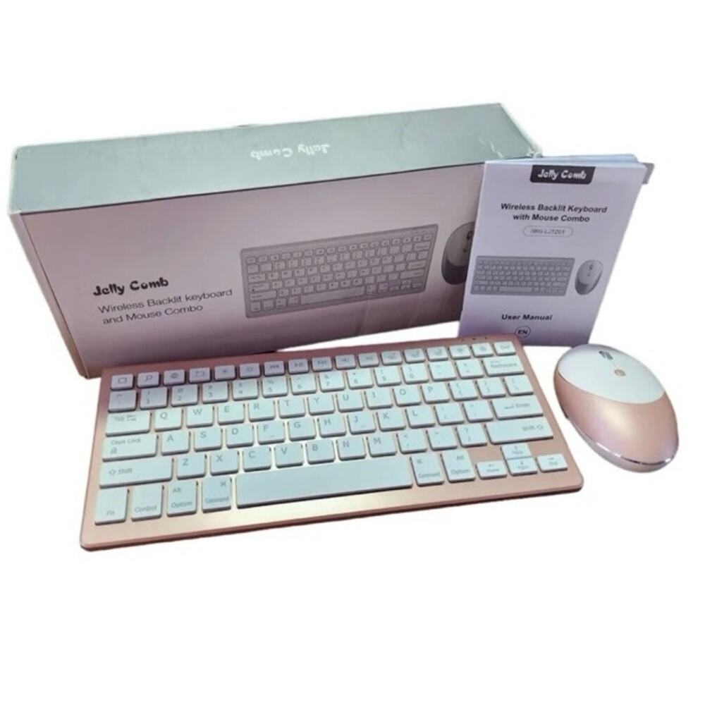 Jelly Comb Wireless 7 Color Backlit Keyboard and Mouse Combo Set Rose Gold